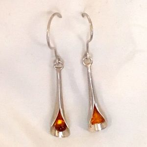 VINTAGE Sterling Silver Amber Linear Drop Dangle Earrings
